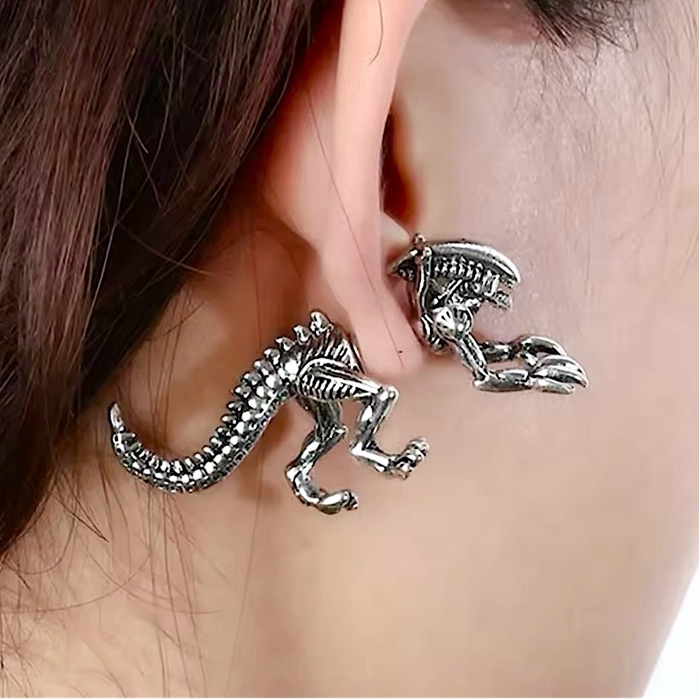 Silver 3D Alien Earrings
